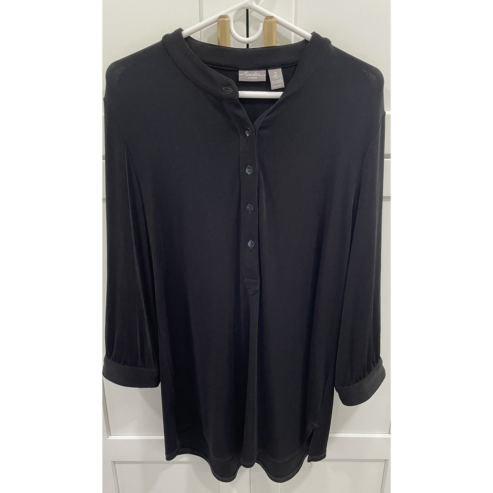 Chico's Travelers Sz 2 L Women's‎ Black Slinky Tunic 3/4 Sleeves AK50